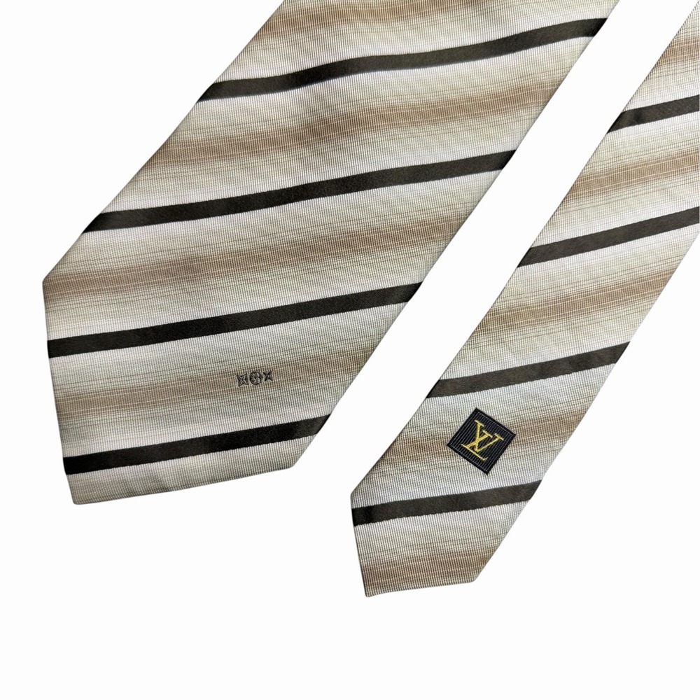 Louis Vuitton Men's Tie Tan/Brown Striped LV Monogram Logo Silk 3 7/8" 61.5" euc